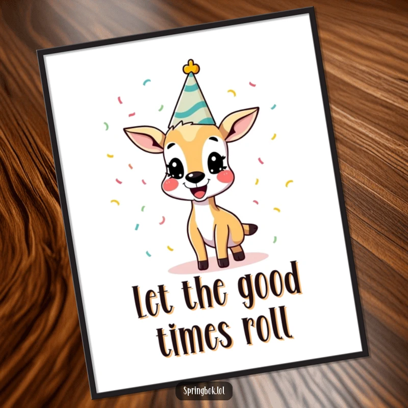 Funny Springbok Poster depicting a springbok in a party hat, joyfully scattering confetti. A humorous wall art, excellent funny gift.