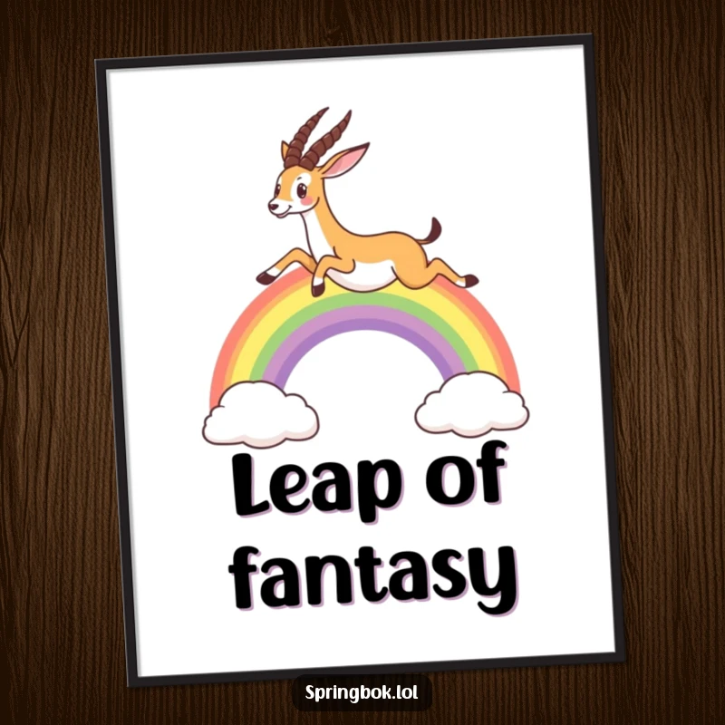 Funny poster artwork of a springbok joyfully leaping over a vibrant, arched rainbow, adding whimsical charm to any wall.