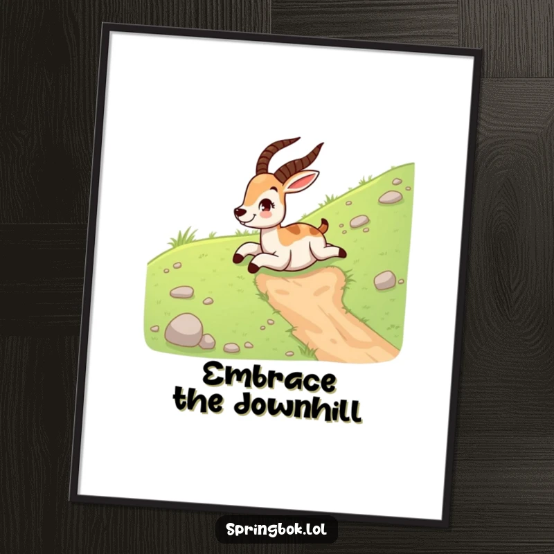 Funny springbok poster featuring a giggling springbok sliding down a slippery grassy hill on its belly in a joyful motion.
