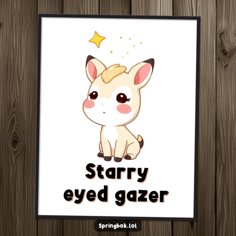 Funny starry sky springbok poster, a springbok character with rosy cheeks gazing at a starry night sky, enchanting wall art.