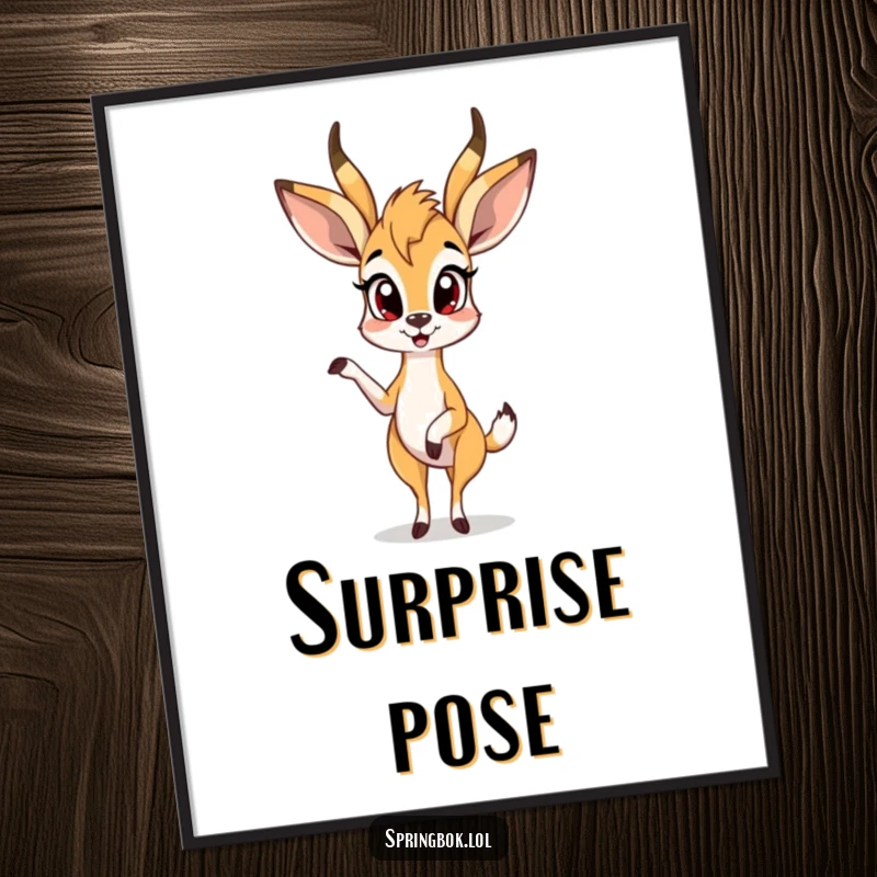 Funny springbok poster shows a springbok character looking surprised with one leg up, perfect for humorous wall art.