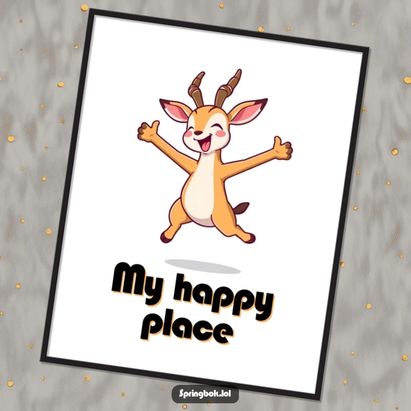 Funny kawaii springbok poster in a joyful jump with arms spread wide, showcasing pure happiness and delightful cuteness.