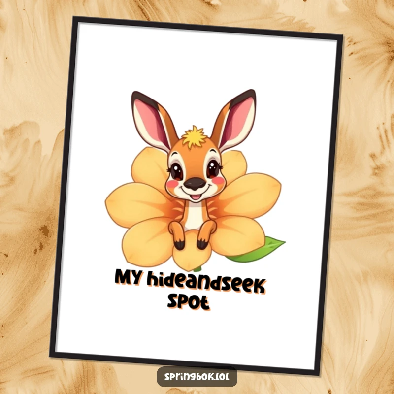 Funny springbok poster peeking playfully from behind a huge, smiling flower, adding whimsy and humor to wall decor.