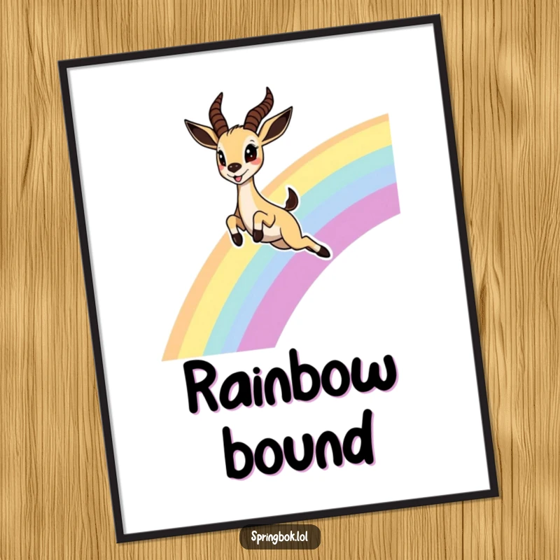 Funny Springbok Rainbow Poster, depicting an ecstatic springbok leaping joyfully over a rainbow with wide, delighted eyes, symbolizing hope.
