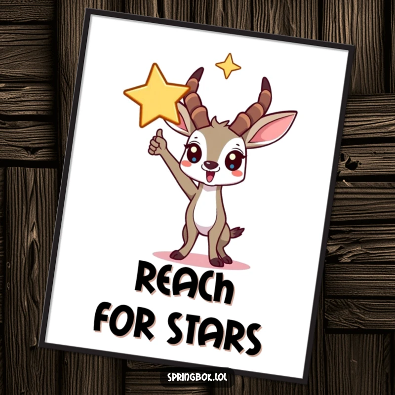 Funny springbok poster featuring a triumphant character striking a pose beneath a large, radiant star, perfect for inspiration.