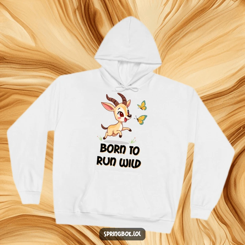 Funny springbok character mid-butterfly chase in a cozy hoodie, perfect for staying warm while embracing playful vibes and humor.