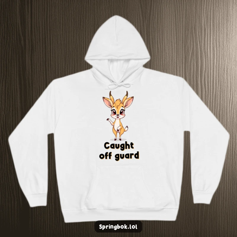 Funny springbok hoodie shows a springbok character looking surprised with one leg up, offering cozy and humorous wear.