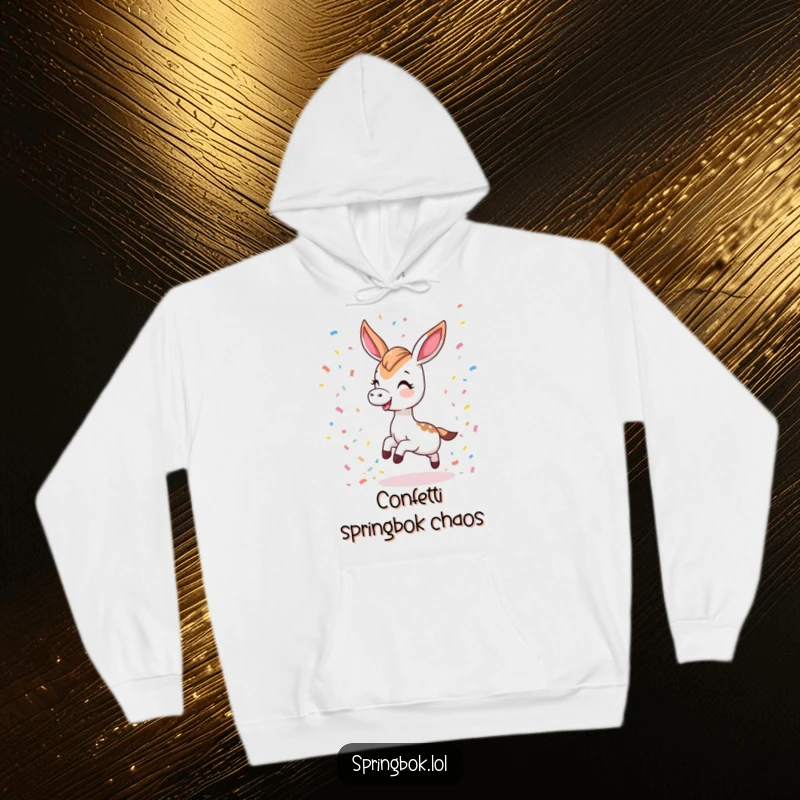 Funny hoodie depicting a Kawaii springbok tripping playfully and scattering colorful confetti, cozy and charming apparel.
