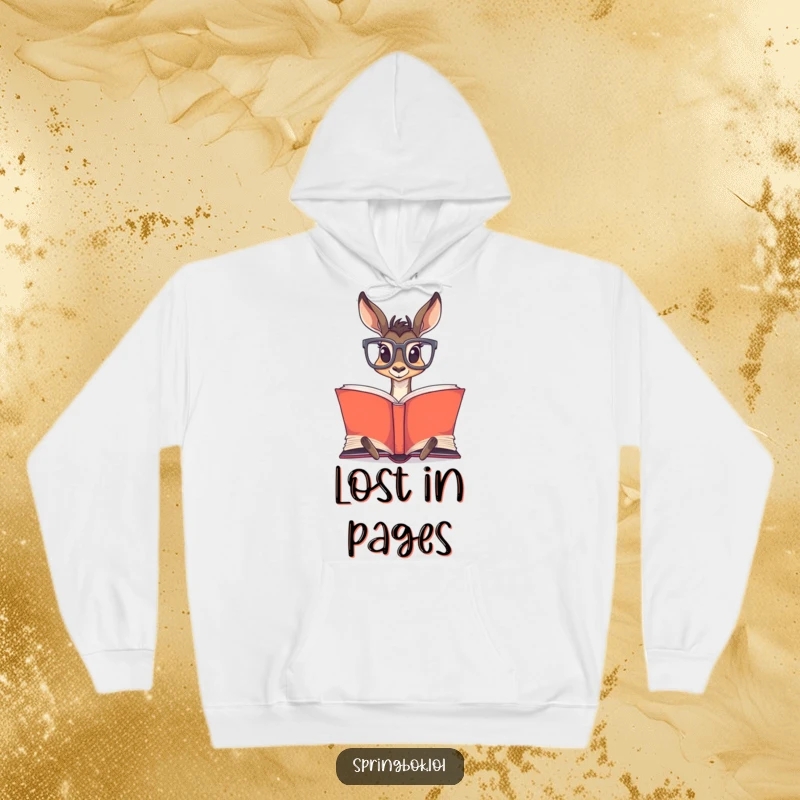 Funny Springbok Glasses Hoodie: A springbok sporting large glasses, intently reading a very large, open book.