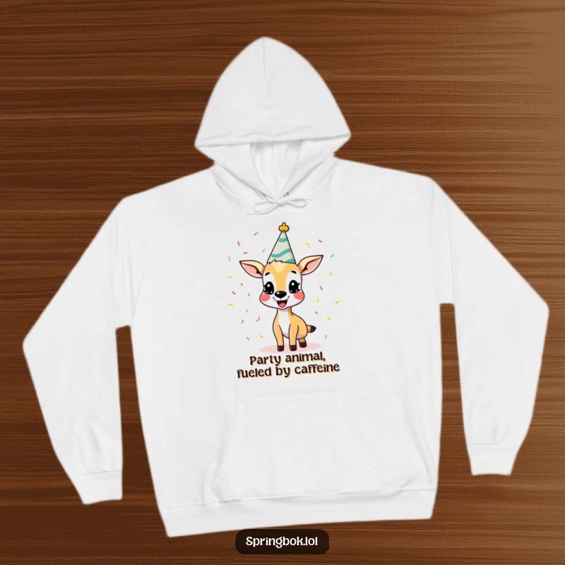 Funny Springbok Hoodie in a celebratory pose, wearing a party hat and tossing confetti. A cozy and humorous gift for enthusiasts.