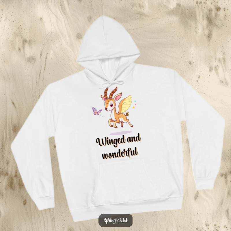 Funny Winged Springbok Hoodie: A springbok with wings playfully chases a shimmering butterfly in a magical pursuit.
