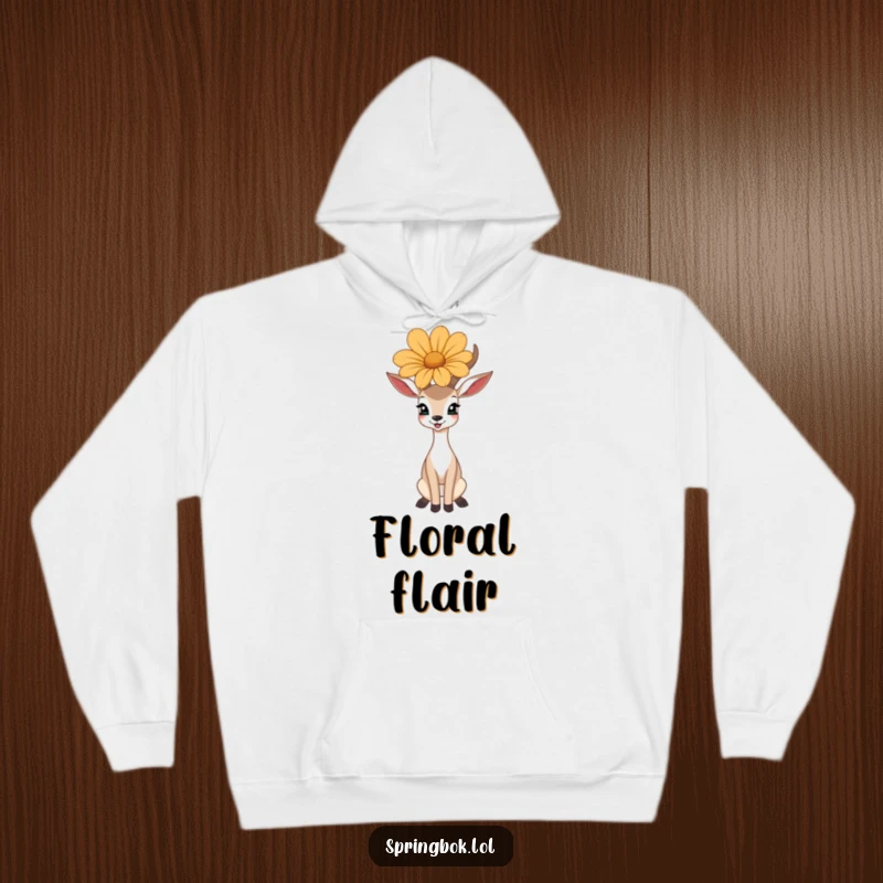 Funny hoodie with a happy antelope balancing a large flower on its head, ideal for cozy wear.