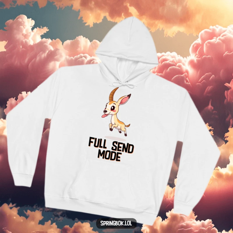 Funny springbok in mid-air jump, tongue out playfully, printed on a soft and warm hoodie.