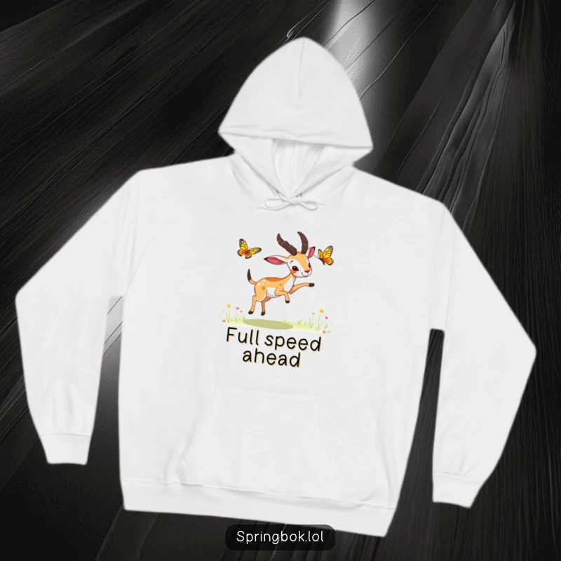 Funny springbok butterfly chase hoodie, a springbok playfully chasing a butterfly with outstretched paws, warm and humorous.