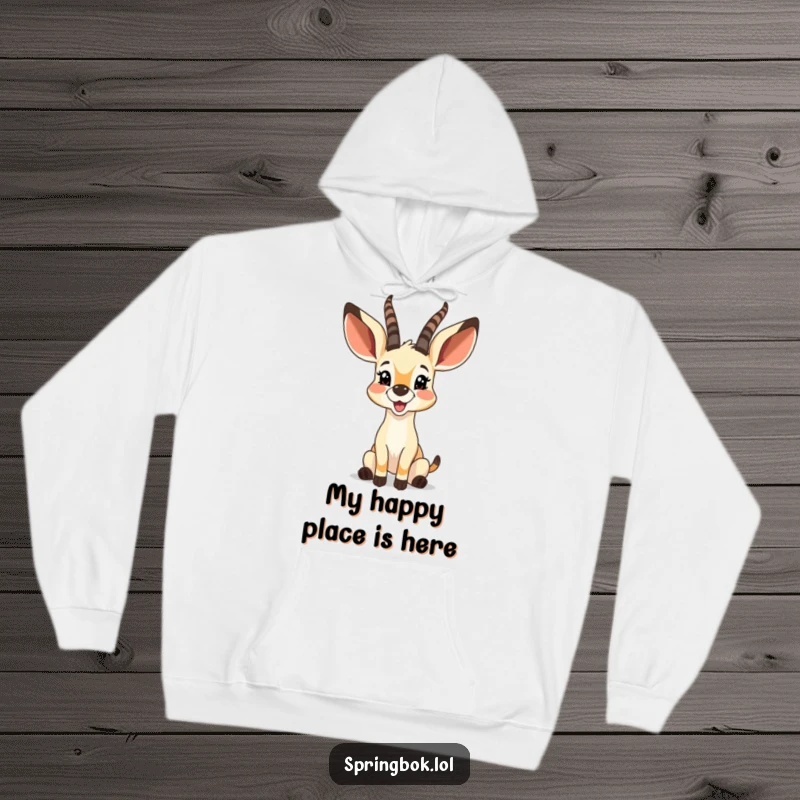 Funny springbok with large, bouncy ears twitching with gleeful joy, on a comfortable and warm hoodie.
