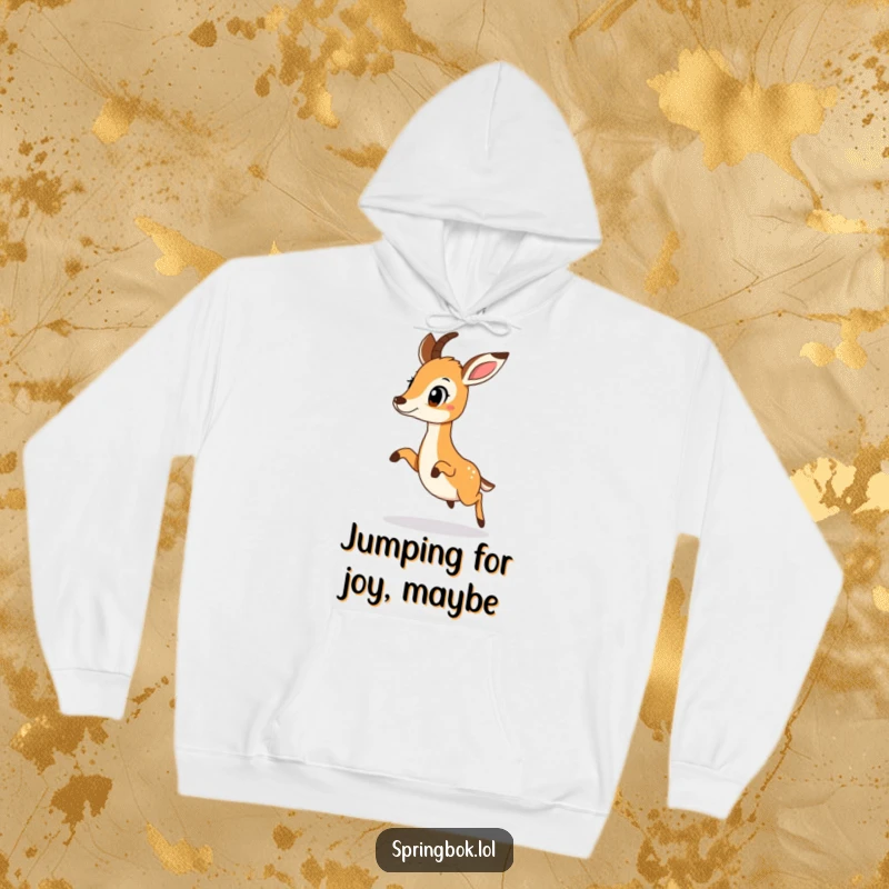 Funny springbok doing a surprised little hop, captured on a comfortable and warm hoodie.