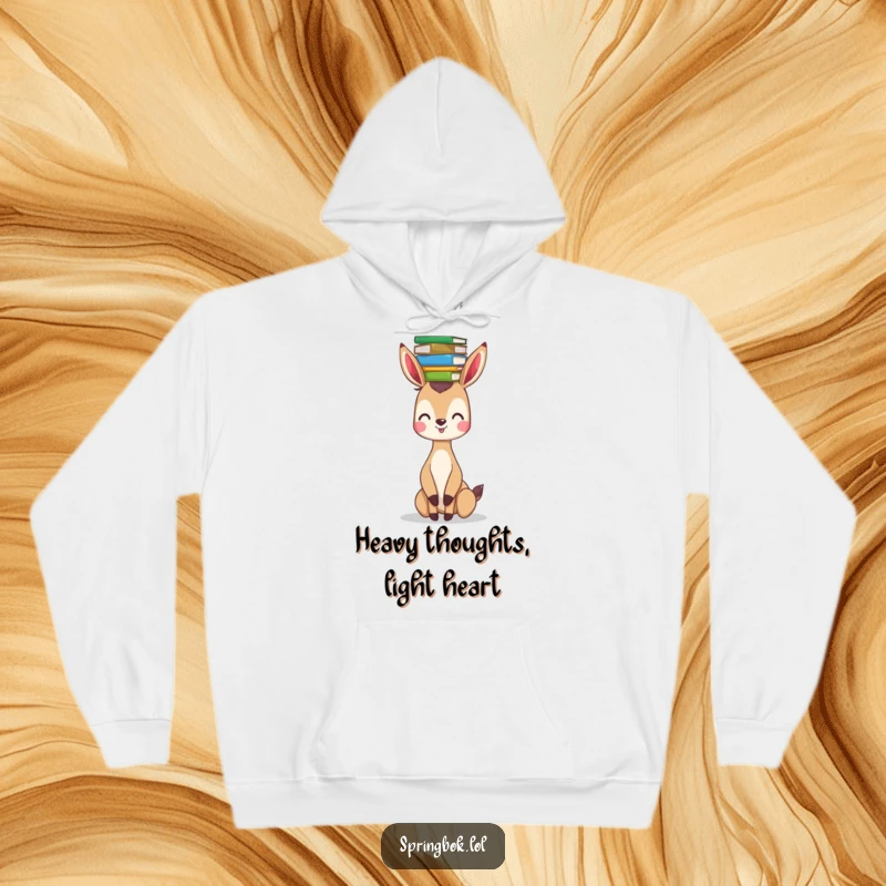 Funny springbok hoodie depicting a happy springbok balancing a tower of books on its head, a cozy and comical sight.