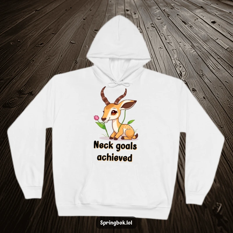 Funny Springbok Hoodie: A springbok stretching its neck towards a high leaf, capturing a moment of playful ambition and humor.
