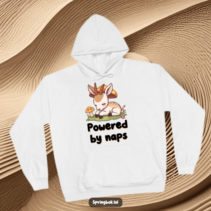 Funny Hoodie: A content antelope dreams peacefully beneath a vibrant mushroom, offering cozy comfort and a touch of gentle humor.