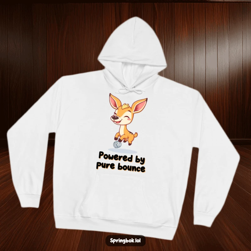 Funny springbok with a wide grin bouncing on a spring, printed on a cozy hoodie, perfect for spreading cheer.