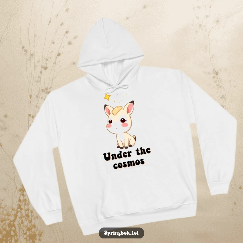 Funny starry sky springbok hoodie, a springbok character with rosy cheeks gazing at a starry night sky, warm and whimsical.