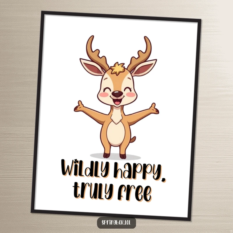 Funny Free Printable Wall Art: Antelope looking incredibly joyful in a silly, outstretched arm pose.