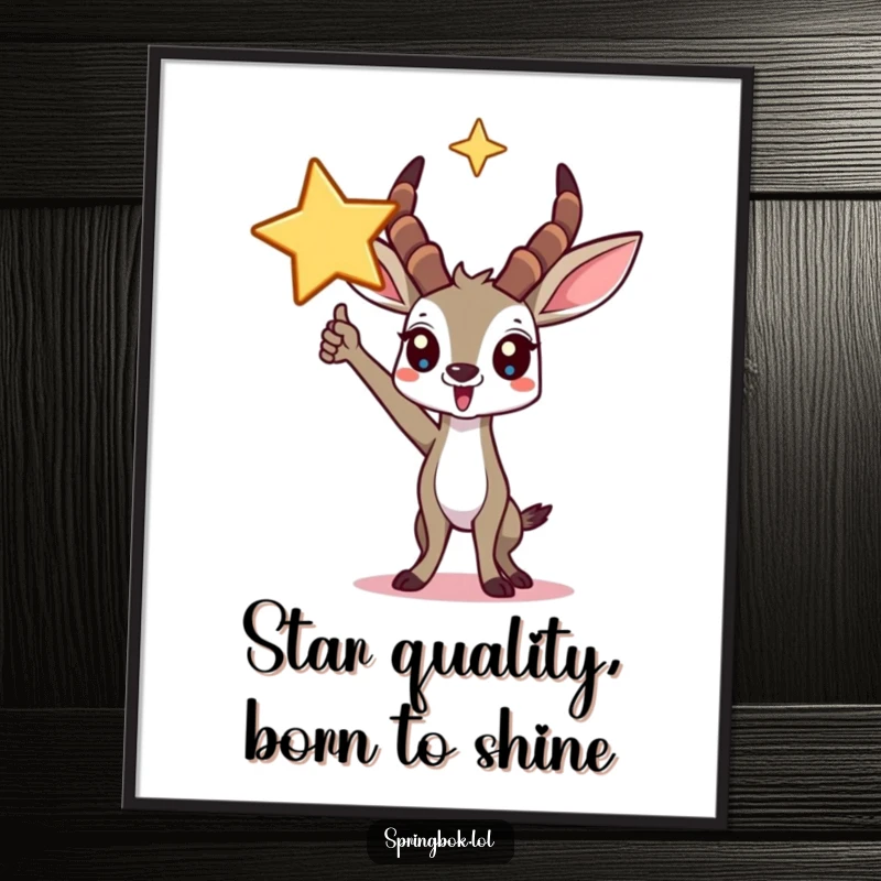 Funny free printable wall art of a springbok character striking a triumphant pose with a large, shining star overhead.