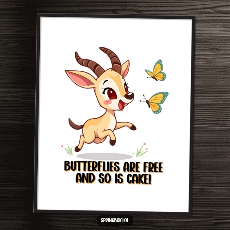 Funny Free Printable Wall Art: A springbok excitedly chasing a butterfly, capturing pure joy and movement, downloadable decor.