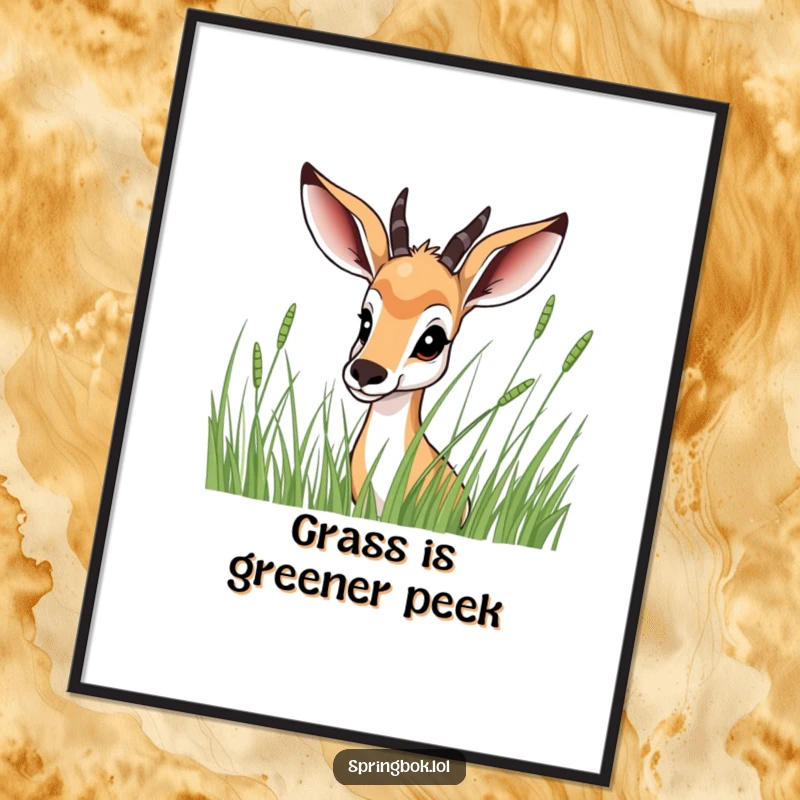 Funny Free Printable Wall Art: Springbok peeking playfully from behind tall grass, creating a charming and humorous hide-and-seek scene. Downloadable art.