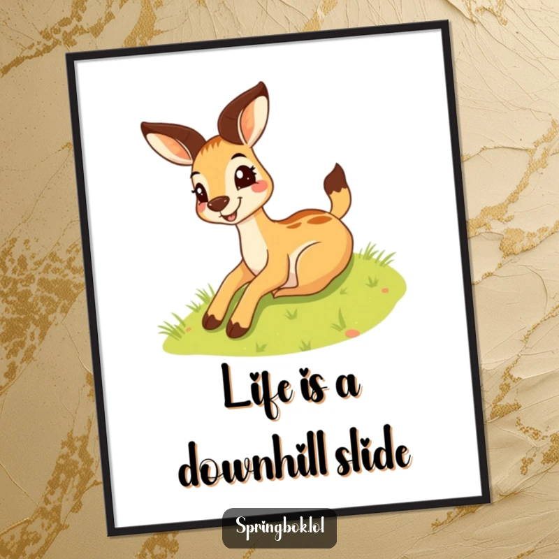Funny Free Printable Springbok Wall Art with a silly grin, captured in the act of joyfully sliding down a grassy hill.