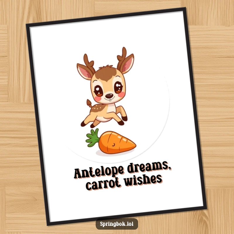 Funny Free Printable Wall Art: A round, friendly antelope with large eyes performs a joyful leap over a small carrot.