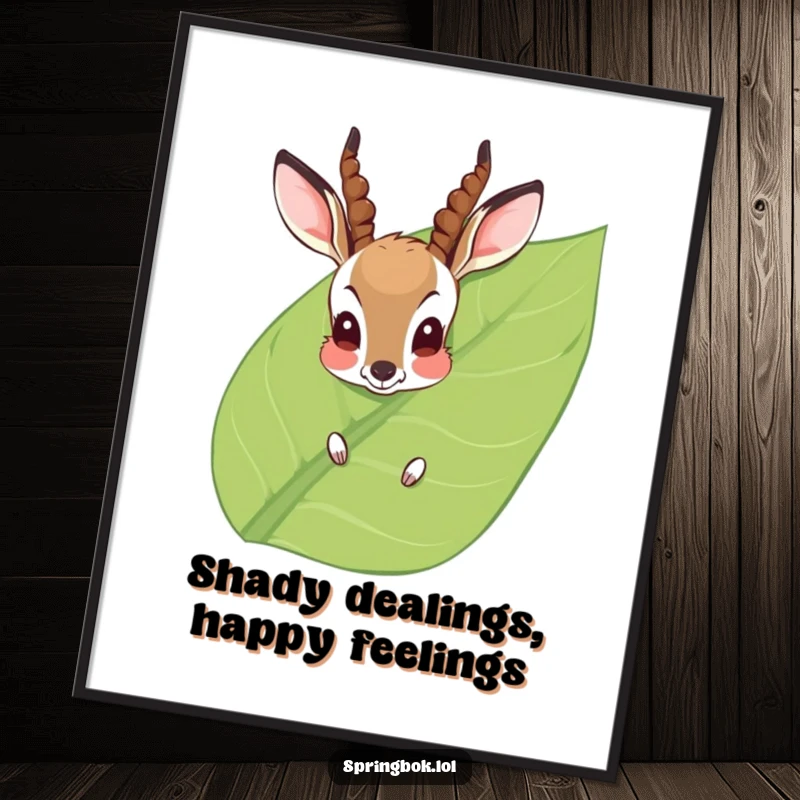 Funny Free Printable Wall Art: Adorable shy antelope hiding behind a leaf, whimsical decor.
