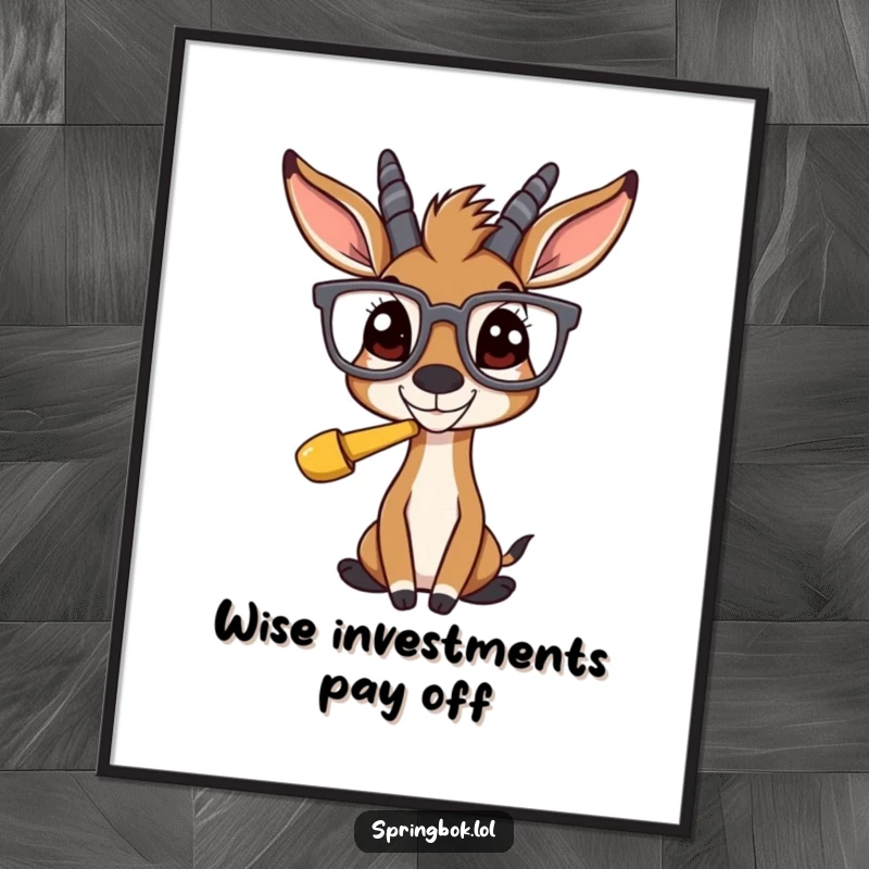 Funny Free Printable Wall Art: A springbok in comically oversized glasses, intently focused on a peculiar, funny object, bringing smiles.