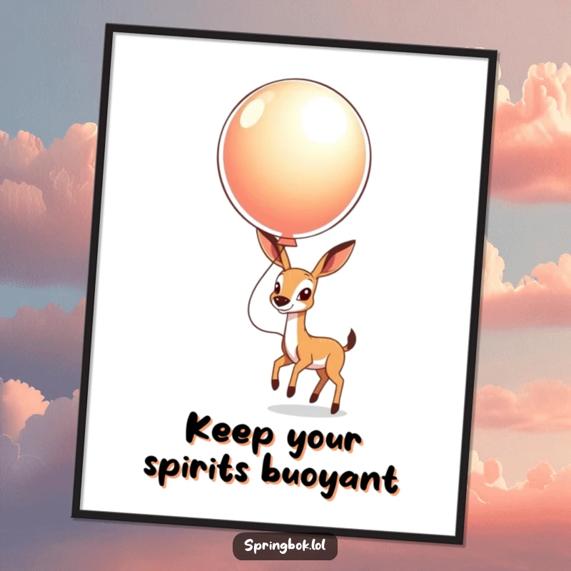 Funny Free Printable Wall Art of a springbok joyfully bouncing a giant, shiny balloon floating high in the air.
