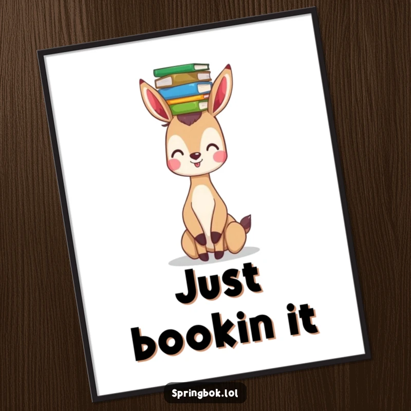 Funny Free Printable Wall Art: Springbok with a tall stack of colorful books balanced perfectly on its head. Witty decor.