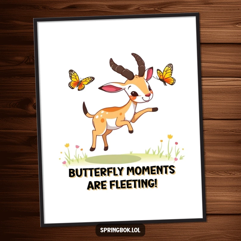 Funny Free Printable Wall Art: A springbok with paws outstretched, playfully and joyfully chasing a fluttering butterfly.