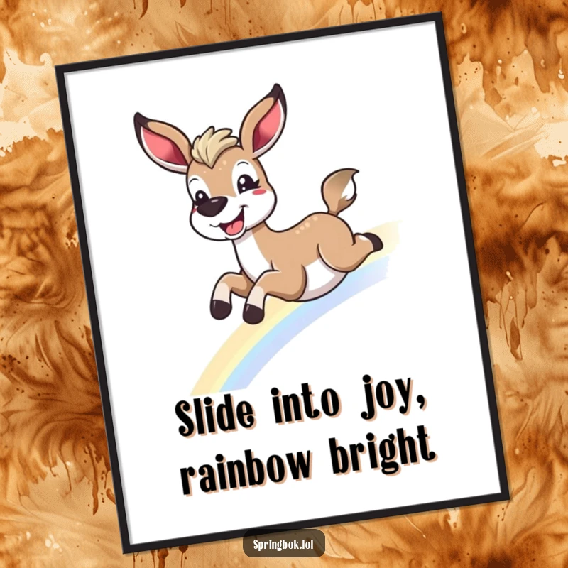 Funny Free Printable Wall Art: A joyous springbok slides down a bright rainbow, its face beaming with delight.