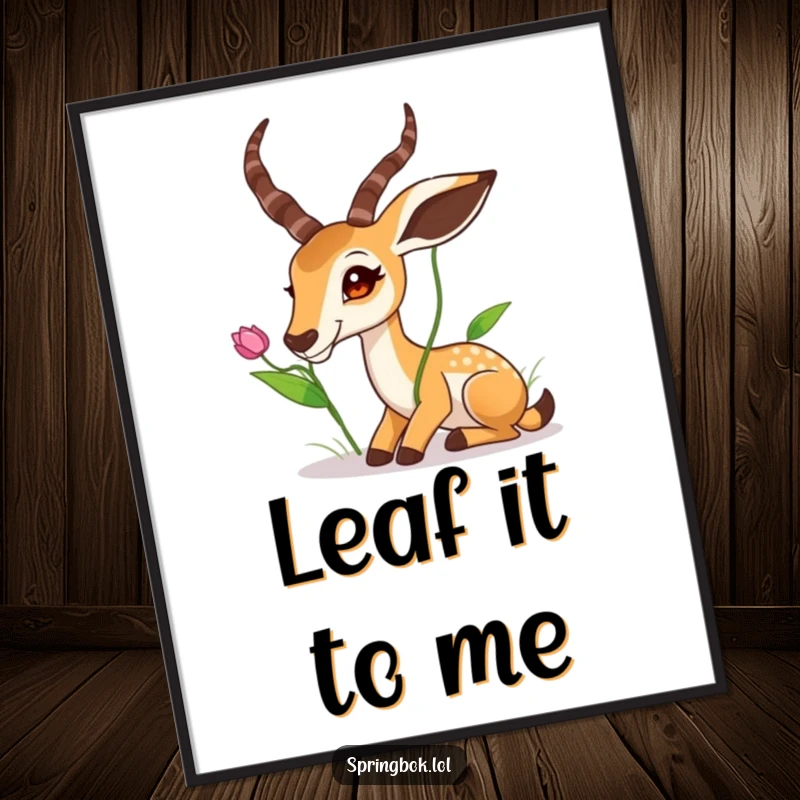 Funny Free Printable Wall Art: A springbok stretches its long neck to nibble a high leaf, whimsical animal art.
