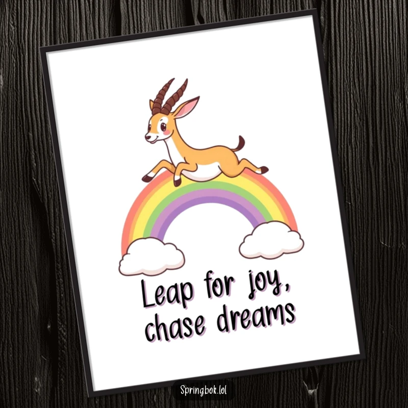 Funny Free Printable Wall Art: A springbok leaping joyfully over a vibrant rainbow. Whimsical, uplifting, downloadable, print-at-home decor.