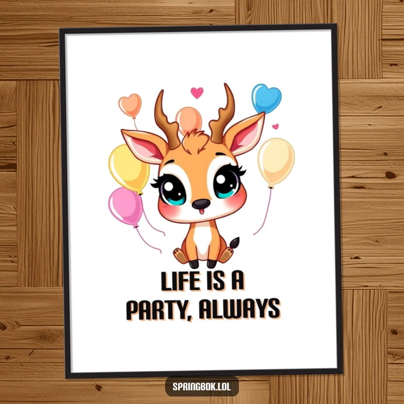 Funny Free Printable Springbok Wall Art with big happy eyes juggling colorful balloons, creating a joyful and dynamic visual.