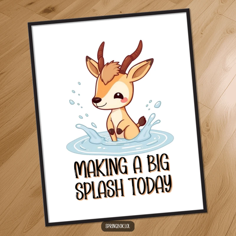 Funny Free Printable Springbok Wall Art: A springbok character gleefully splashing in a puddle, with happy water droplets flying around.