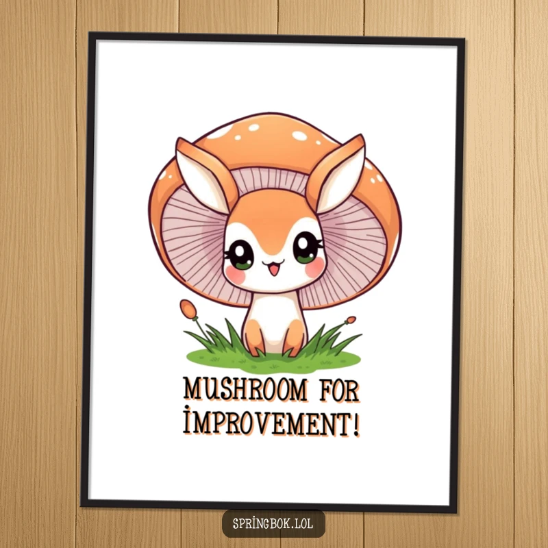 Cute Free Printable Wall Art showcasing a springbok character peeking with large, curious eyes from behind a giant, friendly mushroom.