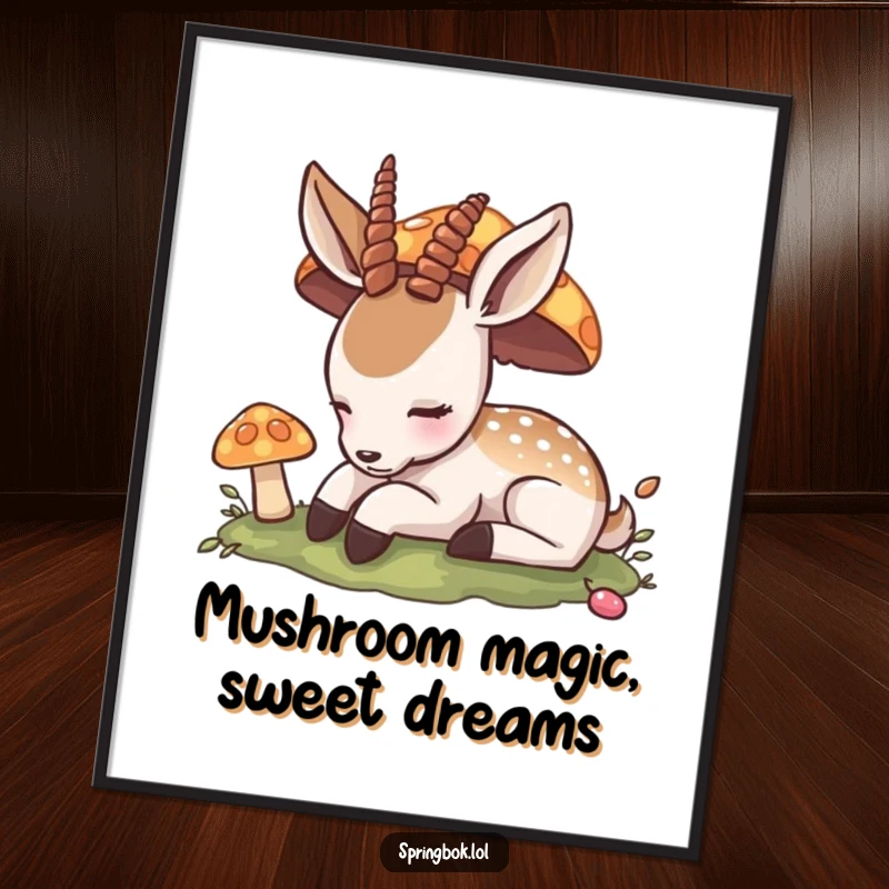 Funny Free Printable Wall Art: Content antelope peacefully napping under a small, colorful mushroom.