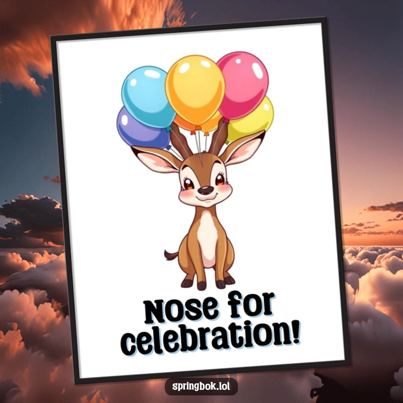 Fun Free Printable Wall Art showing a proud springbok character perfectly balancing multiple colorful balloons on the tip of its nose.