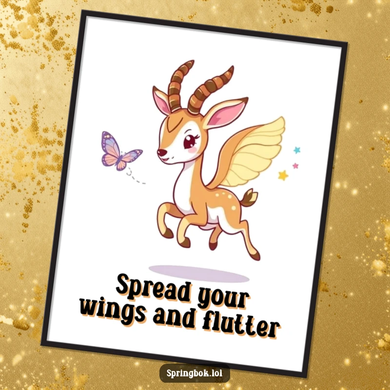 Funny Free Printable Wall Art depicting a springbok with elegant wings playfully chasing after a dazzling, shimmering butterfly.