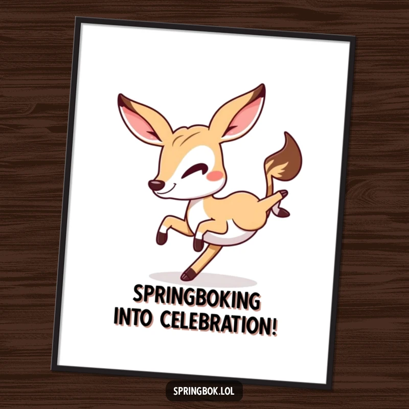 Funny Free Printable Wall Art: A springbok with a cheeky wink performing a dynamic cartwheel, full of energy.