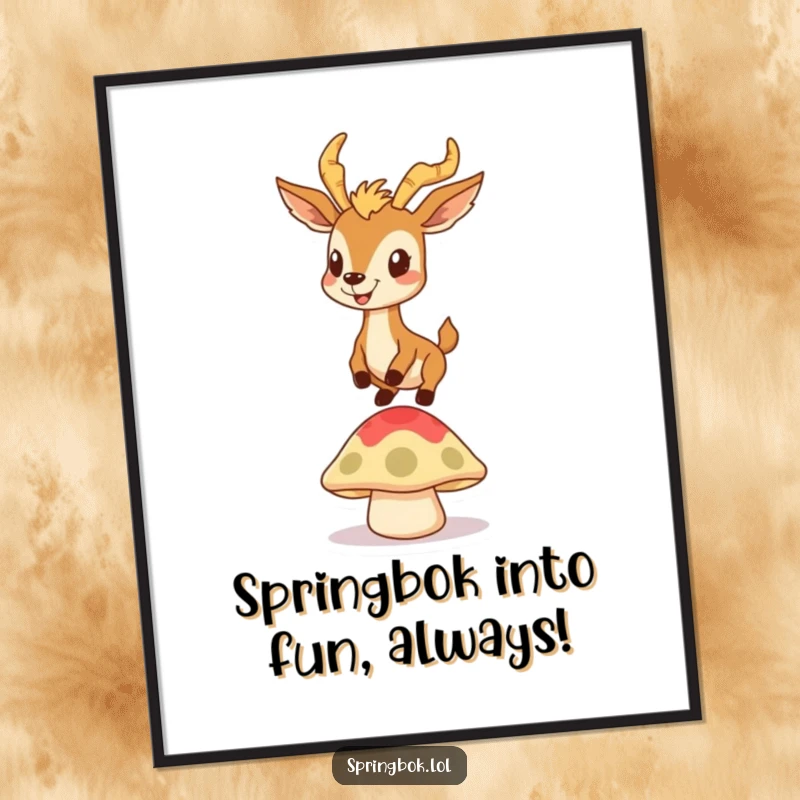 Funny Free Printable Wall Art: A springbok with a goofy grin bounces energetically on a springy mushroom cap.