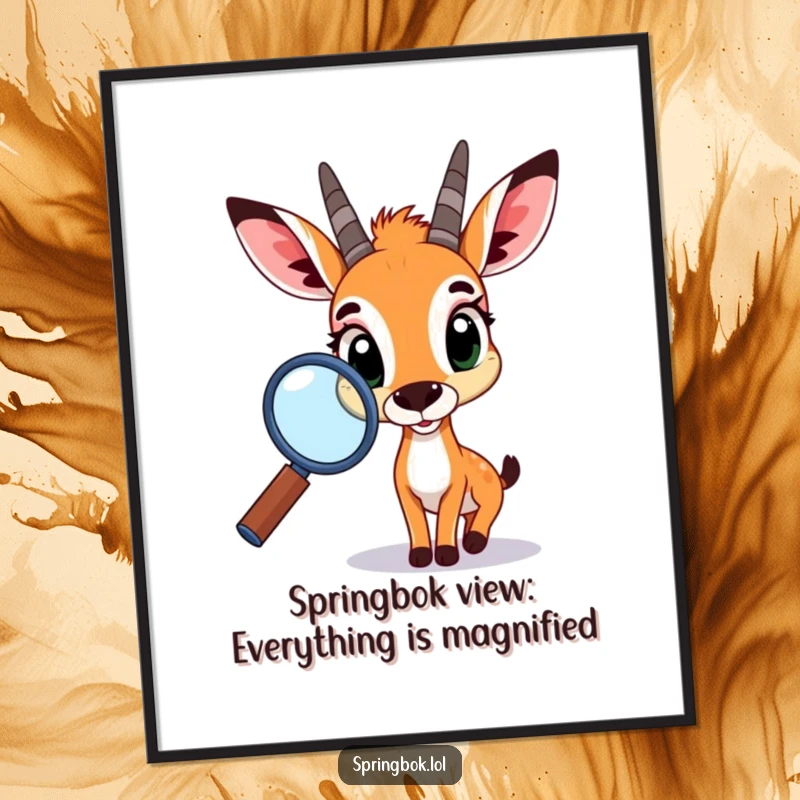 Funny Free Printable Wall Art featuring a springbok with wide, curious eyes peeking through a magnified glass, seeking artistic inspiration.