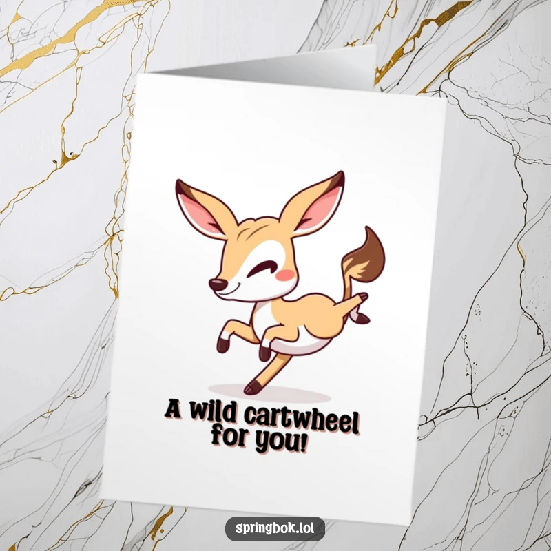 Funny Free Printable Birthday Card: Springbok with mischievous wink doing a cartwheel, ready to celebrate.