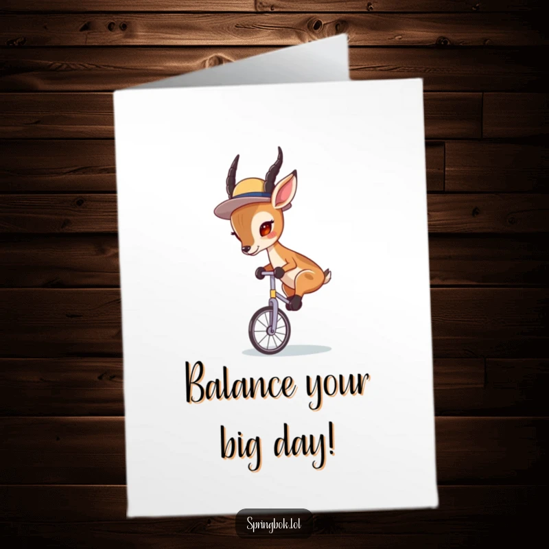 Funny Free Printable Birthday Card showing a springbok in a tiny hat, precariously balancing on a unicycle with intense focus.